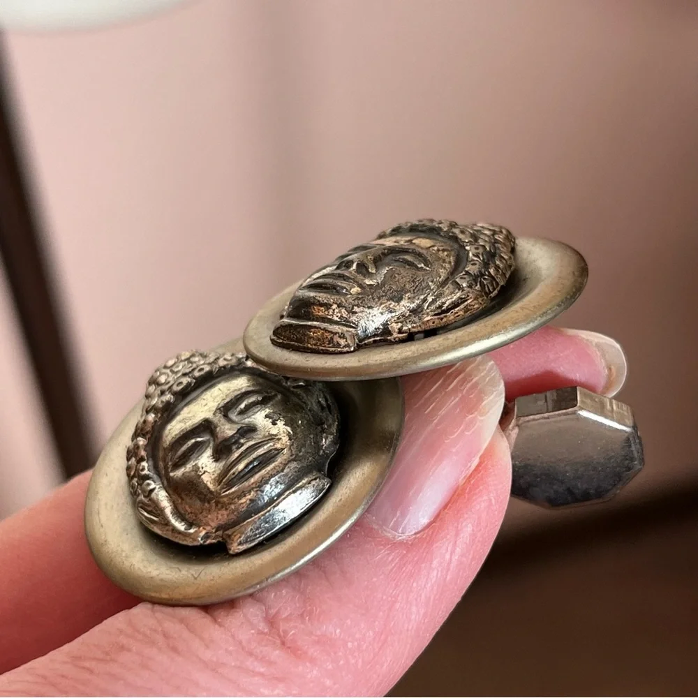 Vintage 1960 70 MCM Thailand Buddha Silver cosplay Oversized Art deco Cufflinks